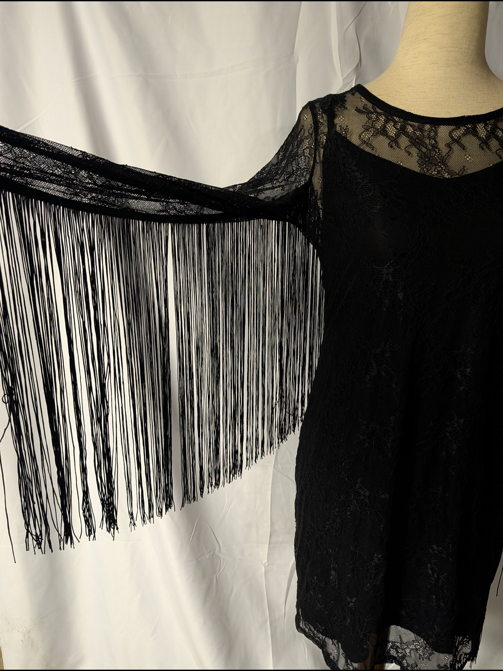 Idyllwind Black Lace Long-Sleeve Fringe Dress